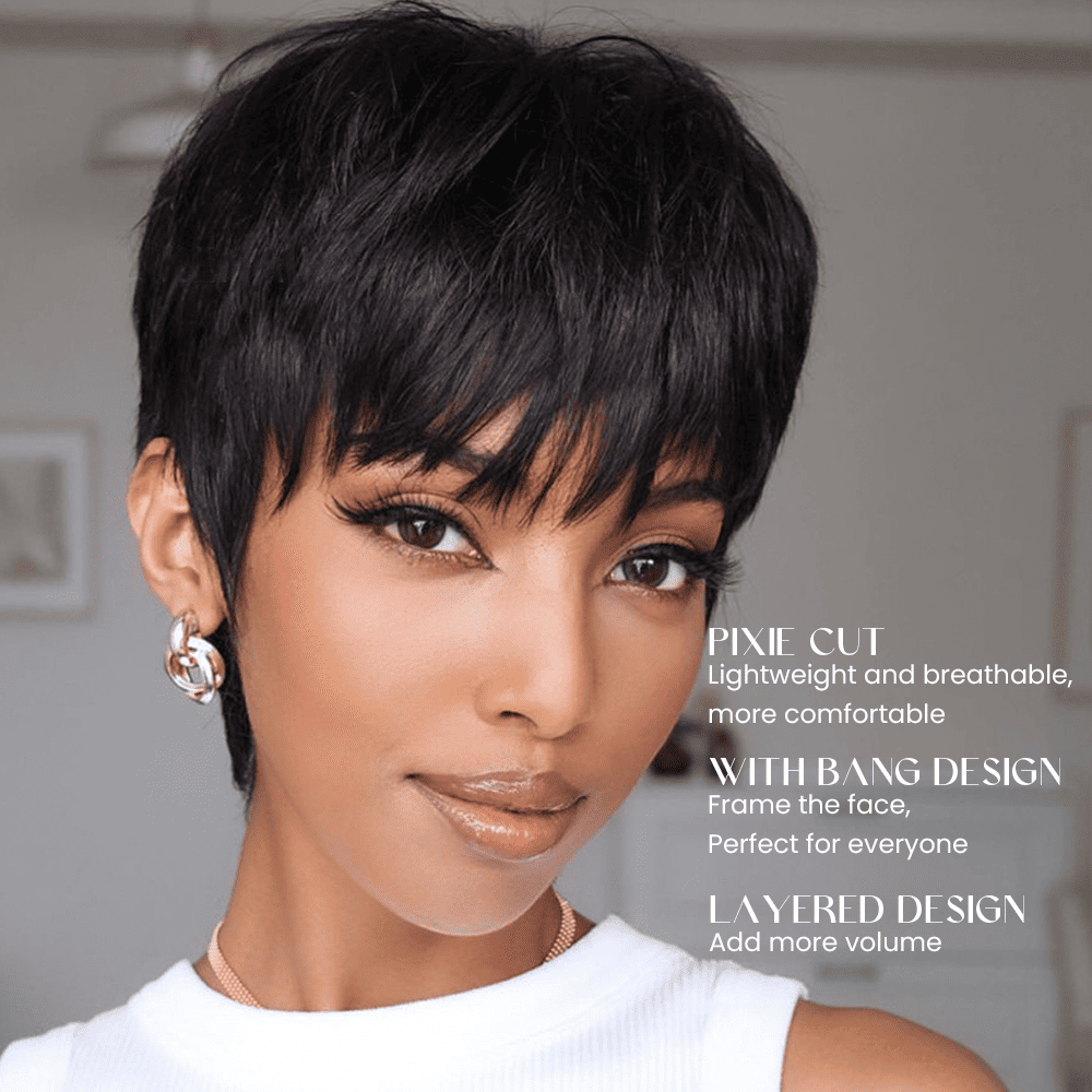 Put on & Go Layered Short Pixie Cut Human Hair Wig With Bang