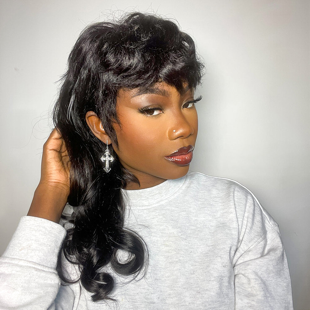 Glueless Mullet Wigs With Bangs Human Hair