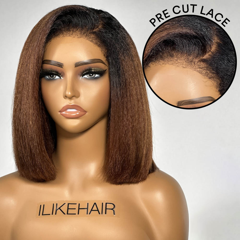 Put on & Go Ombre Brown Kinky Straight Bob HD Lace With Kinky Edges Wig
