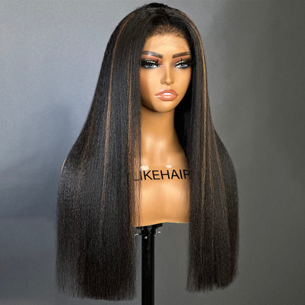 Natural Black Mix Brown Highlights Straight 13x4 HD Lace Front With Kinky Edges Wig