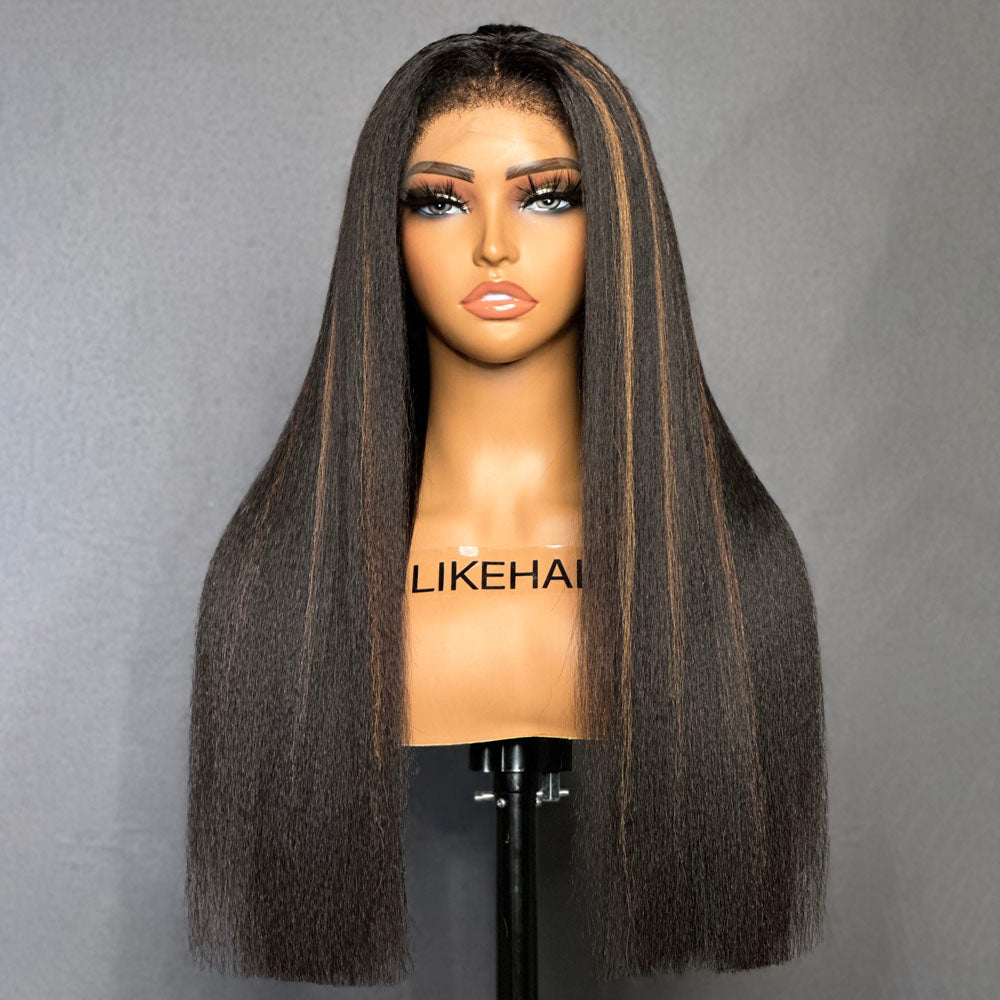 Natural Black Mix Brown Highlights Straight 13x4 HD Lace Front With Kinky Edges Wig