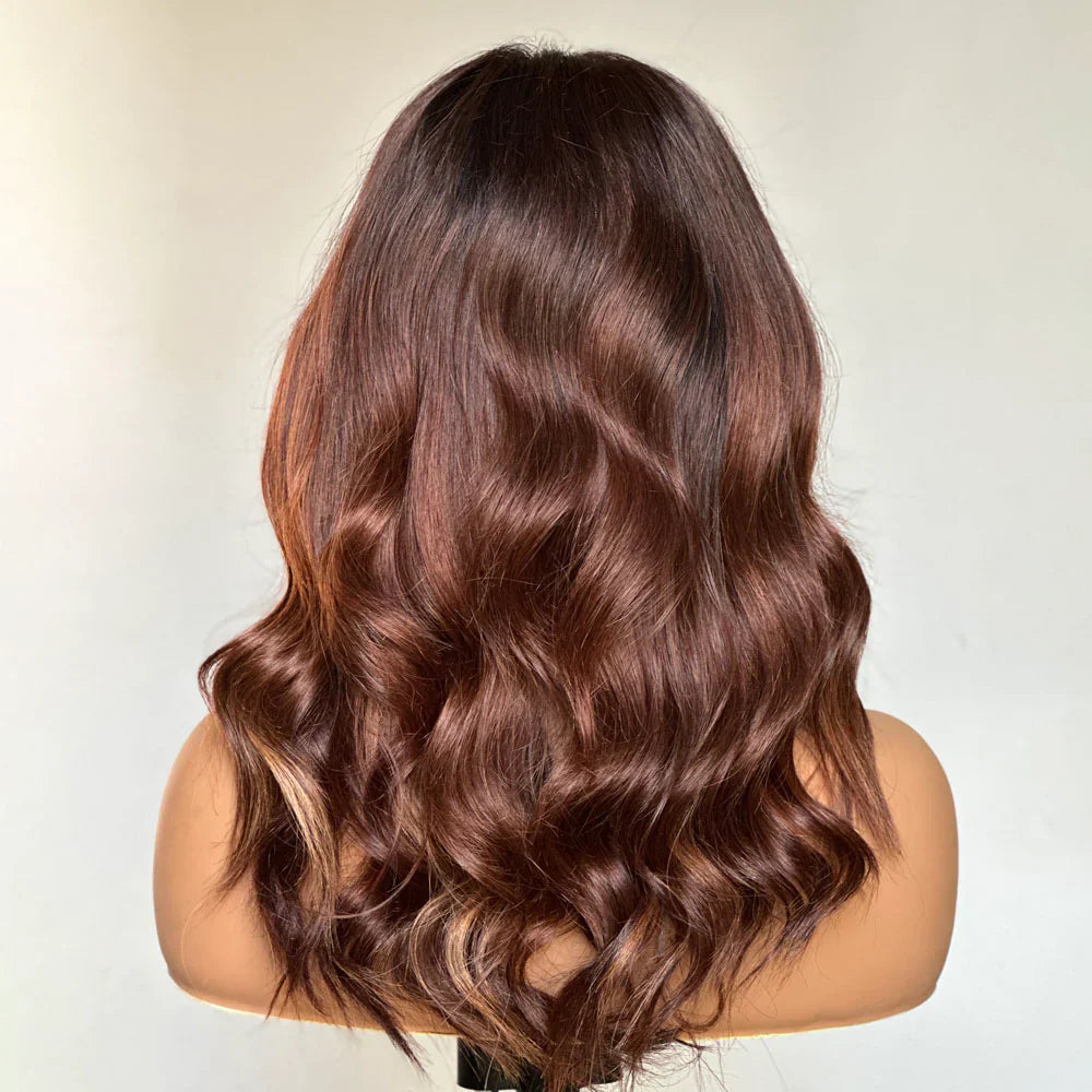 Ombre Chestnut Brown Layered Curtain Bangs Wavy Lace Front Wig