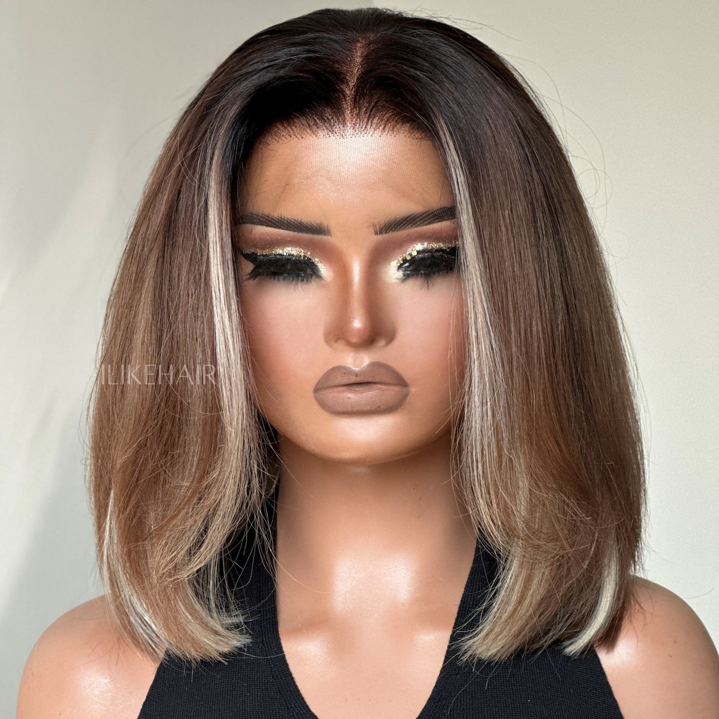 Ash Blonde Balayage Brown Highlight With Dark Root Straight Bob 13x4 Lace Front Wig