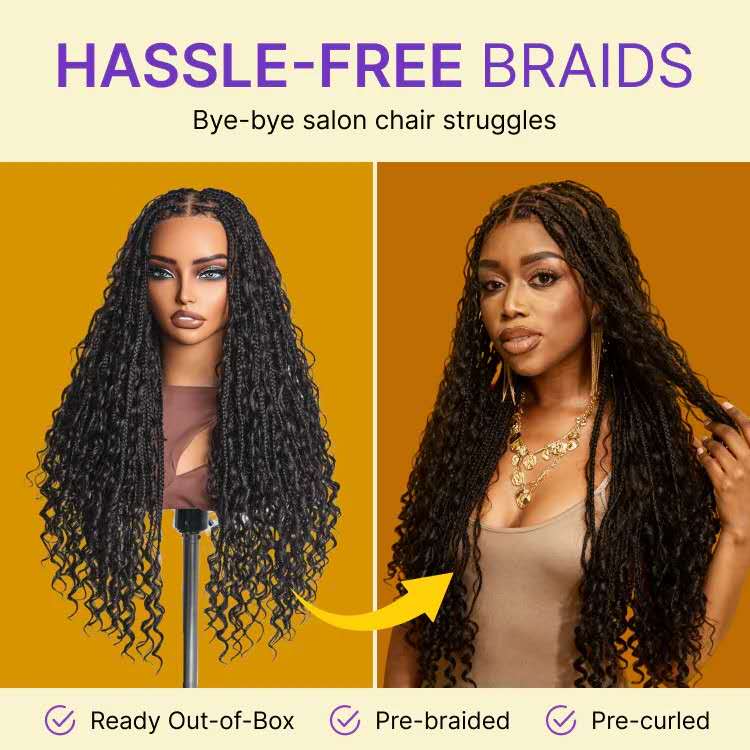 Light Weight Flexi-Fit Invisi Drawstring Cap Full Lace Knotless Boho Curls Braided Long Wig Super Natural Scalp - US Only