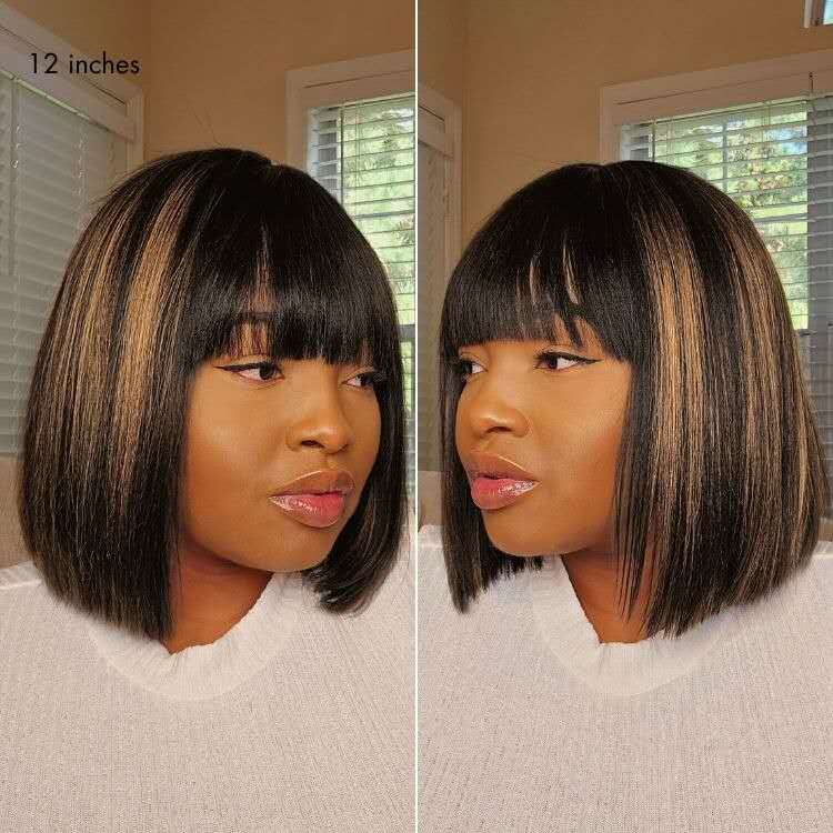 Put On and Go Realistic Glueless Yaki Straight Bob with Bangs Minimalist Lace Wig 100% Human Hair