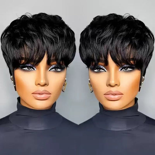 Put on & Go Layered Short Pixie Cut Human Hair Wig With Bang
