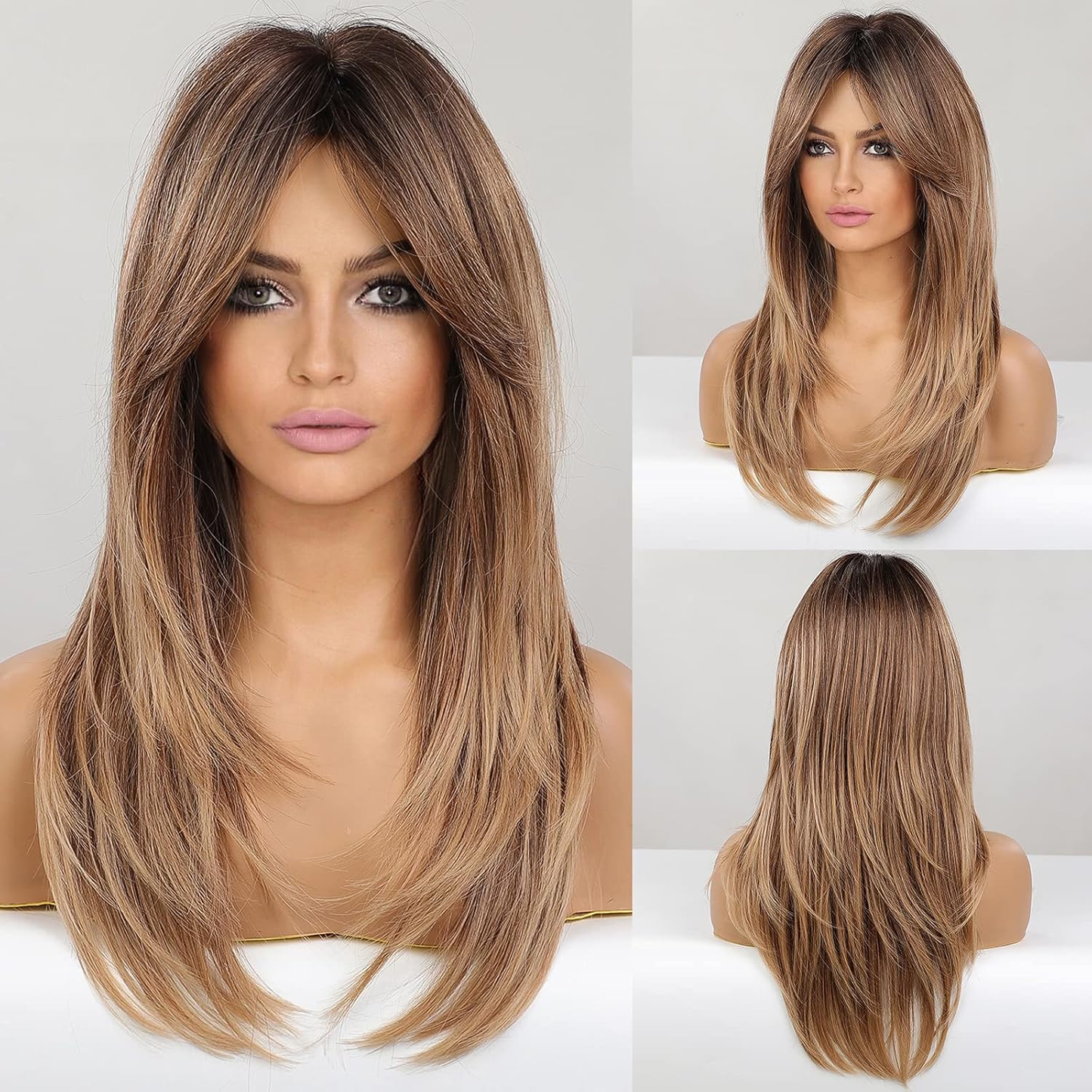 Long Layered Synthetic Hair Wigs for Women with Bang (Ombre Mixed Brown)
