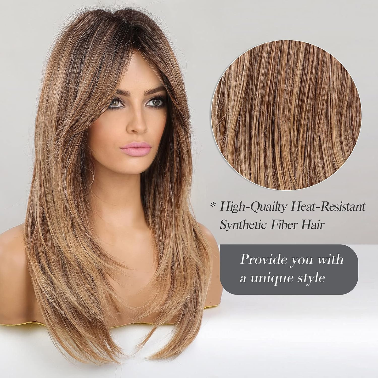 Long Layered Synthetic Hair Wigs for Women with Bang (Ombre Mixed Brown)