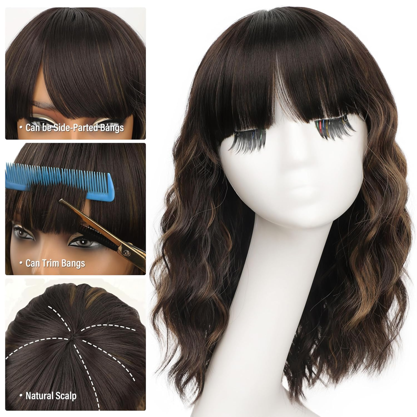 Short Wavy Wig with Bangs for Women Shoulder Length Bob Curly Women's Charming Synthetic Wigs with Natural Wavy Black To Brown Heat Resistant Hair for Daily Party Use