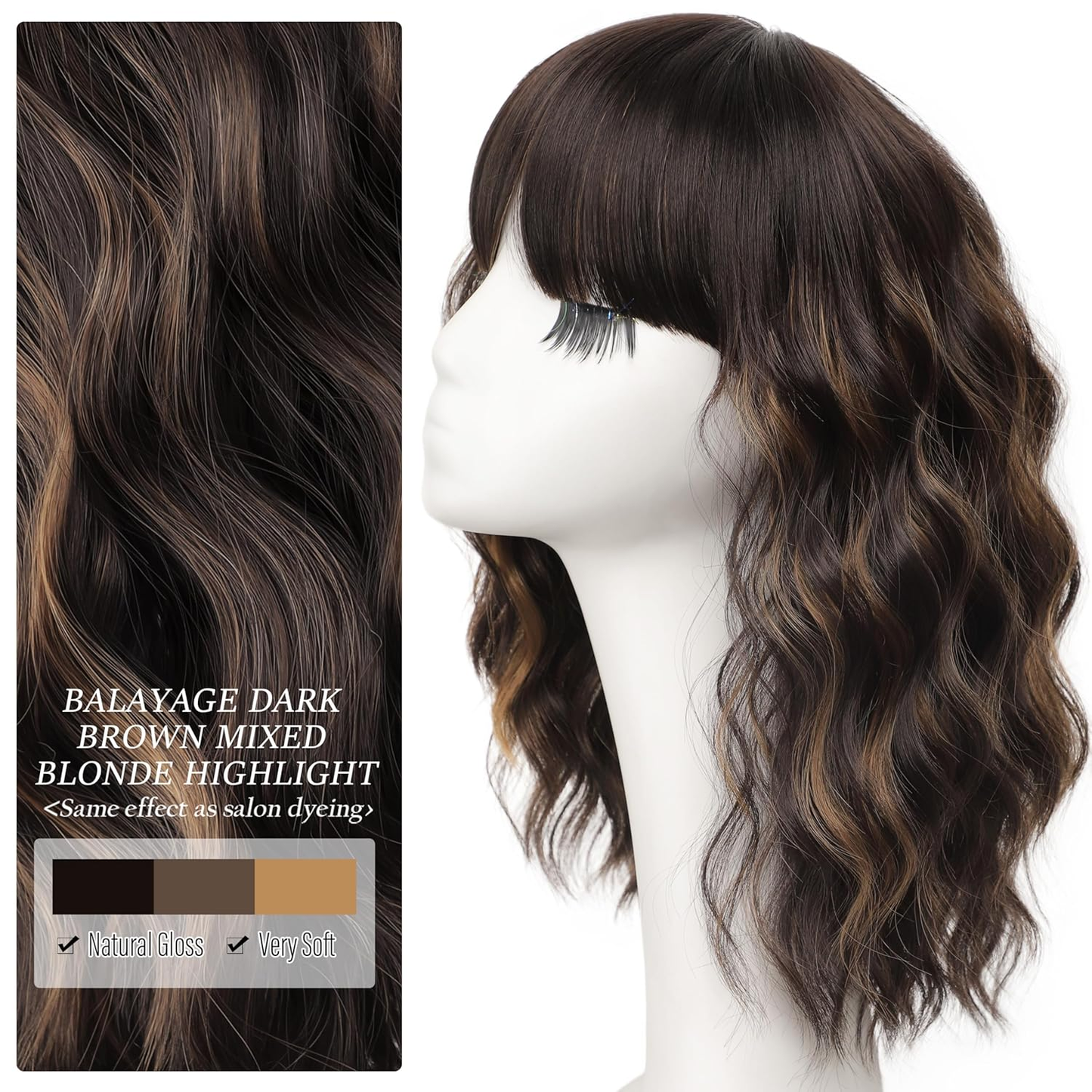 Short Wavy Wig with Bangs for Women Shoulder Length Bob Curly Women's Charming Synthetic Wigs with Natural Wavy Black To Brown Heat Resistant Hair for Daily Party Use