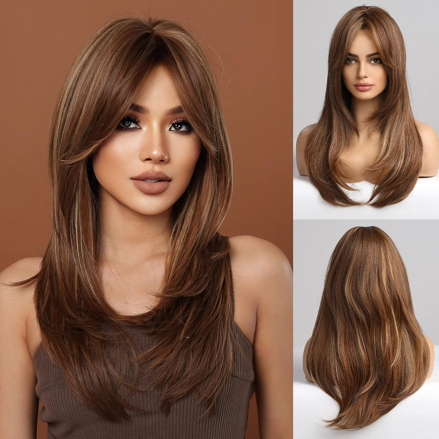 Brown Wigs for Women,Long Layered Brown with Blonde Highlight Wigs with Bangs Heat Resistant Synthetic Fibre Wigs(pelucas de cabello natural)