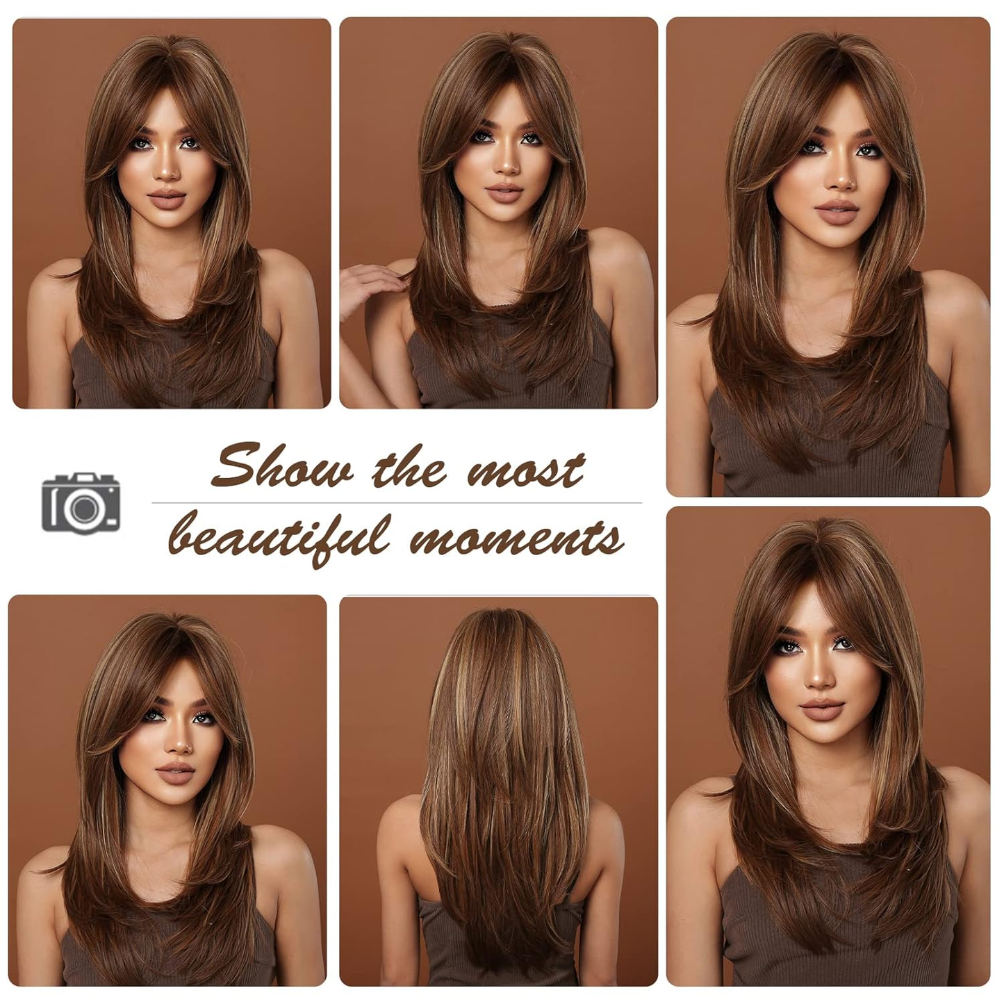 Brown Wigs for Women,Long Layered Brown with Blonde Highlight Wigs with Bangs Heat Resistant Synthetic Fibre Wigs(pelucas de cabello natural)