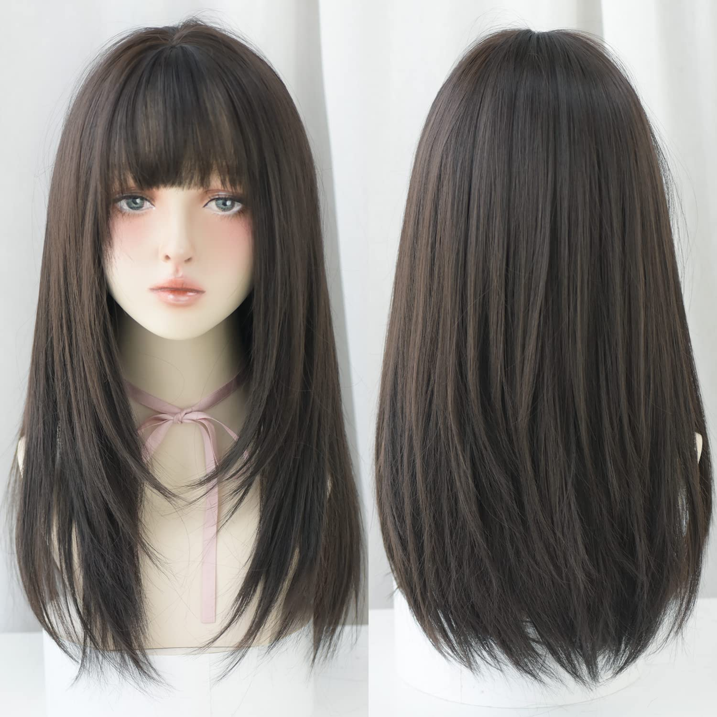Black Wigs with Bangs Synthetic Dark Brown Wig Long Straight Wig for Women Party and cosplay wig (23" Natural Black NEW)
