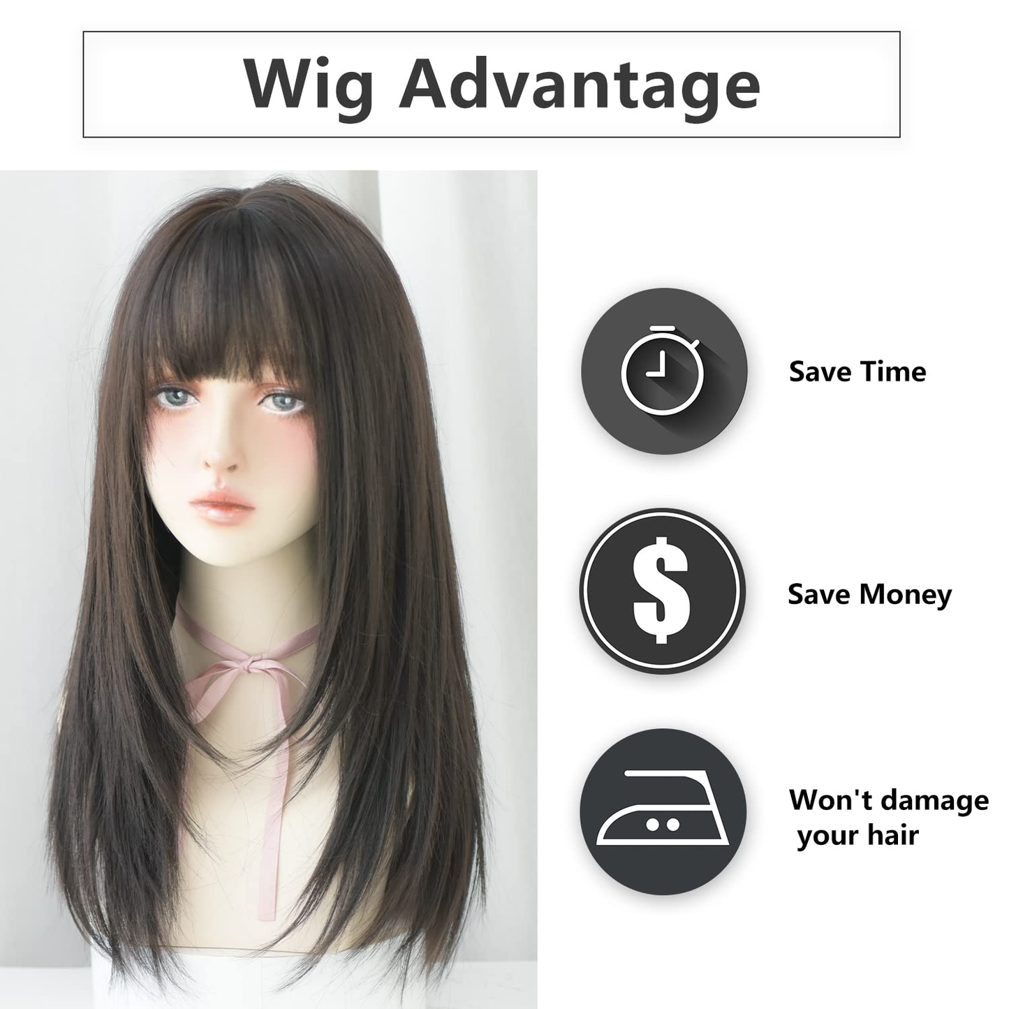 Black Wigs with Bangs Synthetic Dark Brown Wig Long Straight Wig for Women Party and cosplay wig (23" Natural Black NEW)