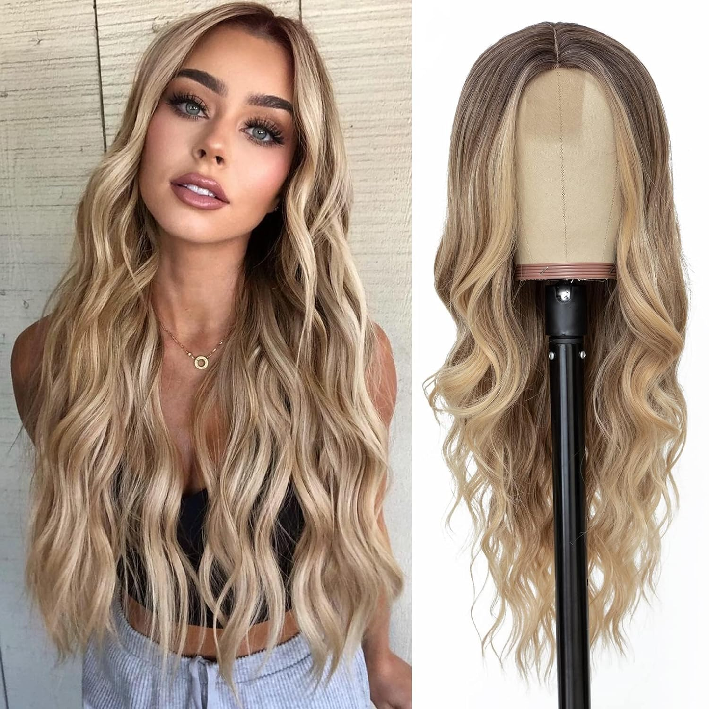 Long Ombre Blonde Wavy Wig for Women 26 Inch Middle Part Curly Wavy Wig Natural Looking Synthetic Heat Resistant Fiber for Daily Party Use (Ombre Blonde)