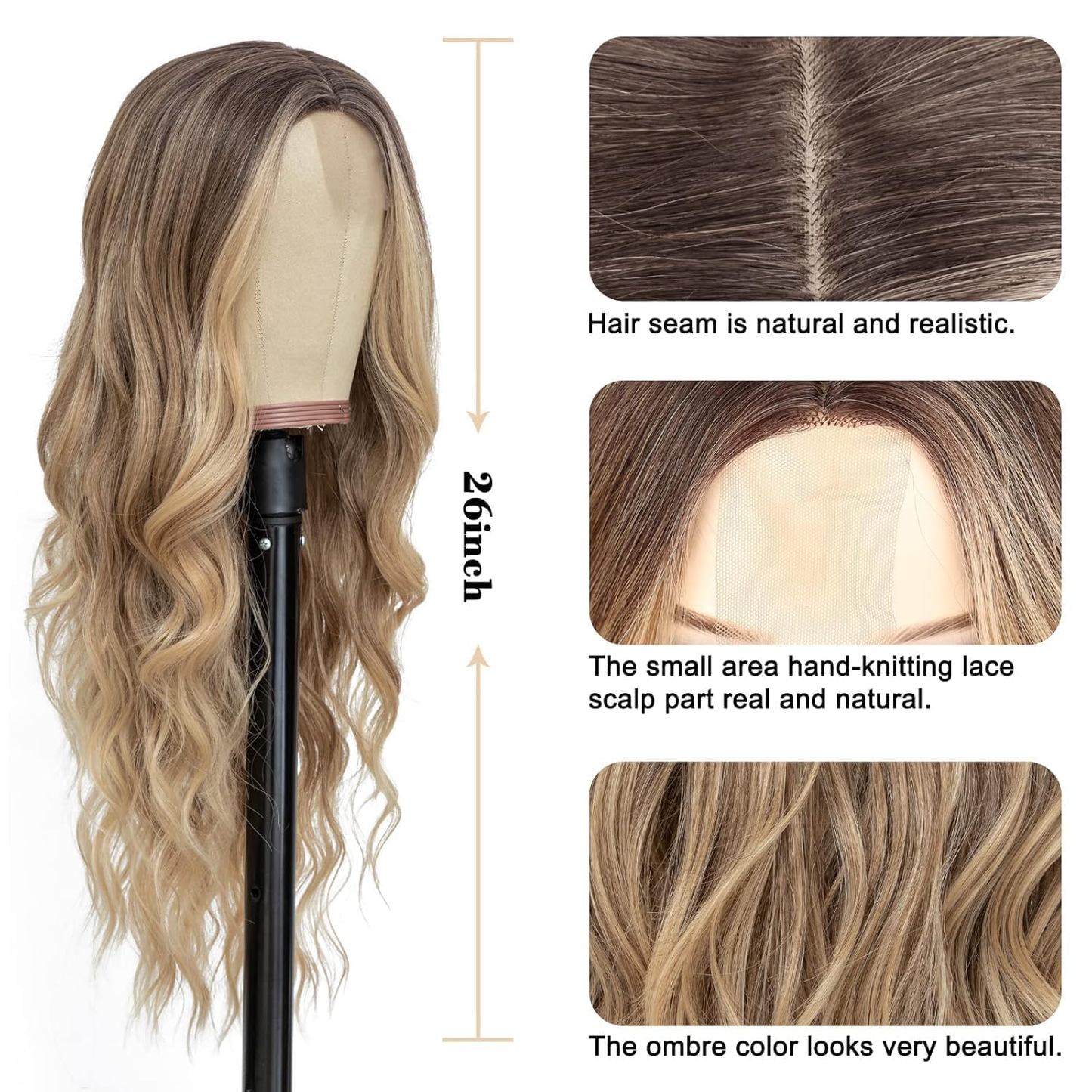 Long Ombre Blonde Wavy Wig for Women 26 Inch Middle Part Curly Wavy Wig Natural Looking Synthetic Heat Resistant Fiber for Daily Party Use (Ombre Blonde)