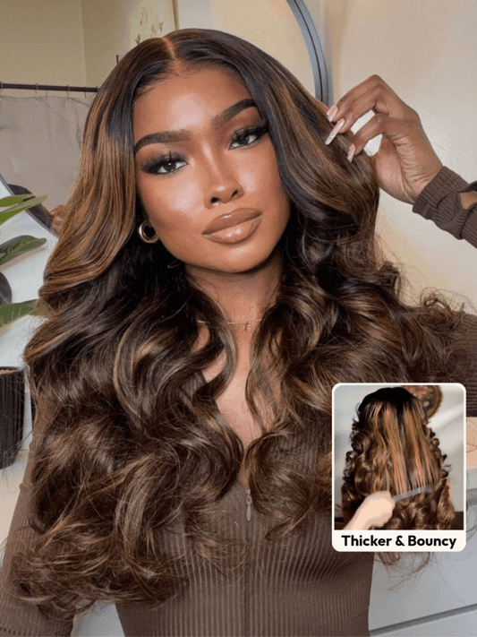 7x5 Bye Bye Knots™ Wig Glueless Lace Balayage Highlight Body Wave Drawstring & With Bangs Wig