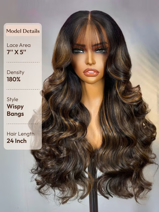 7x5 Bye Bye Knots™ Wig Glueless Lace Balayage Highlight Body Wave Drawstring & With Bangs Wig
