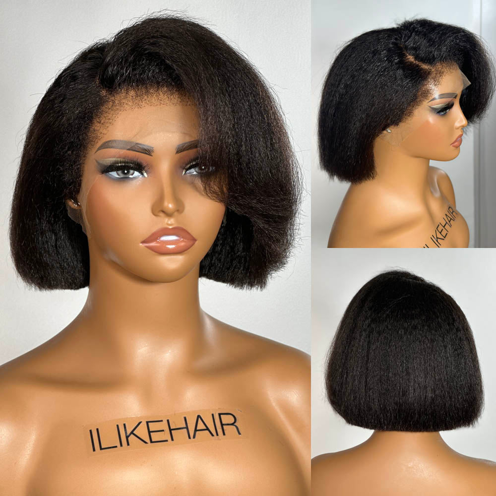 Short Kinky Straight Bob With Side Swept Bangs 4C Kinky Edges HD Lace Frontal Wig