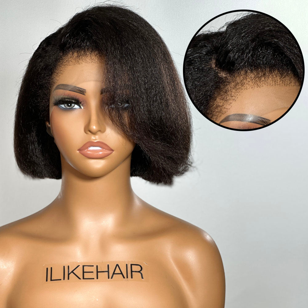 Short Kinky Straight Bob With Side Swept Bangs 4C Kinky Edges HD Lace Frontal Wig
