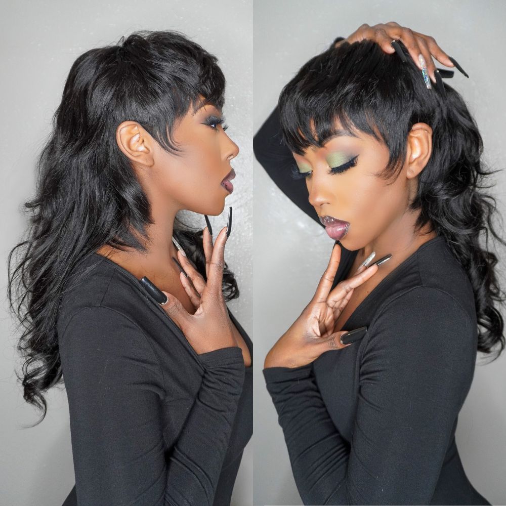 Glueless Mullet Wigs With Bangs Human Hair