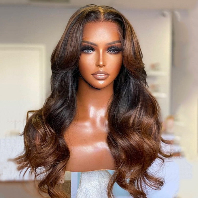 Rich Honey Brown Ombre with Long Layered Curtain Bangs Lace Wig