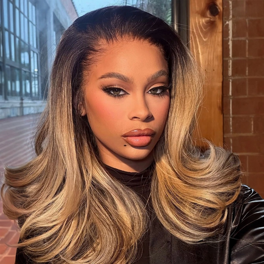 613 Ombre Blonde With Dark Root Layered Cut 13x4 Frontal Lace Wig