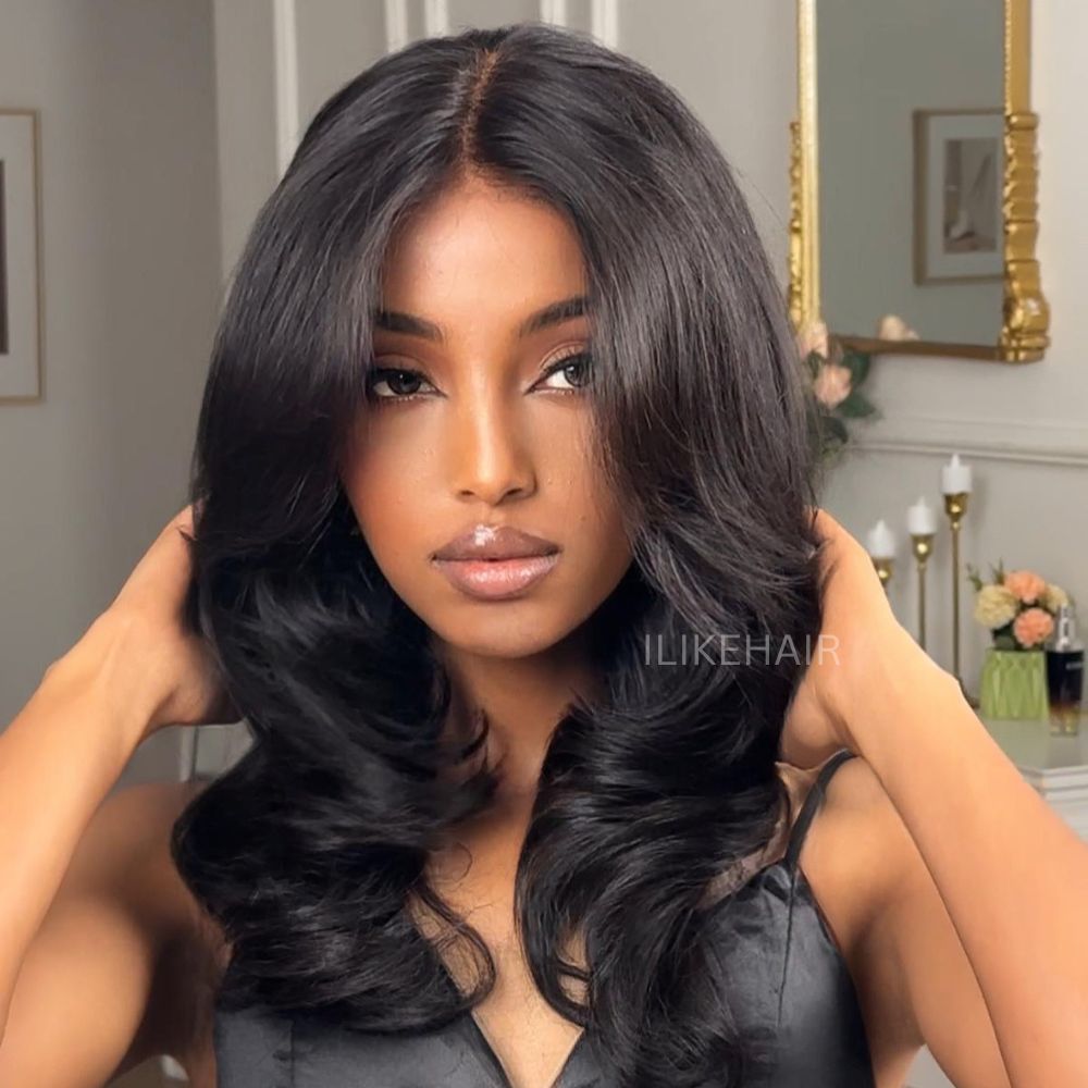 Put on & Go Long Natural Wavy Curtain Bangs Human Hair Lace Wig
