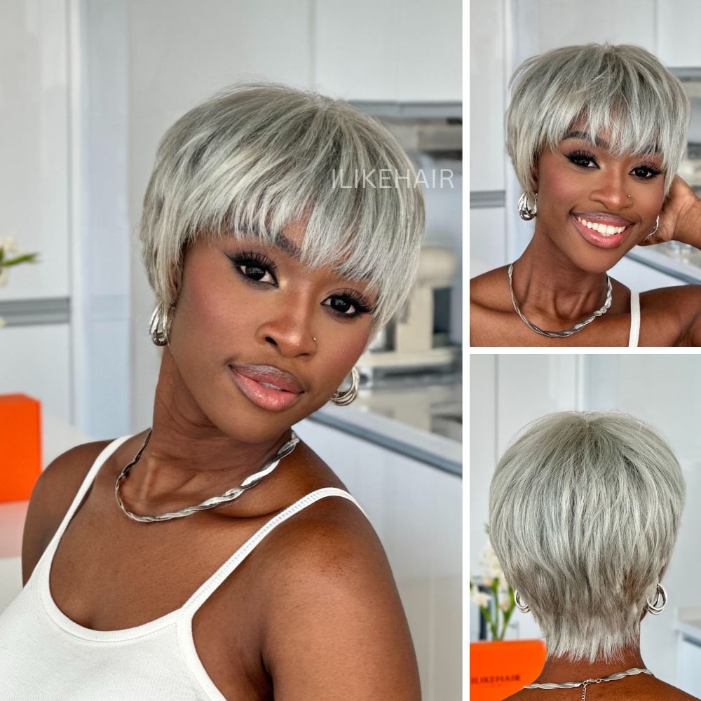 Put on & Go Layered Short Pixie Cut Human Hair Wig With Bang