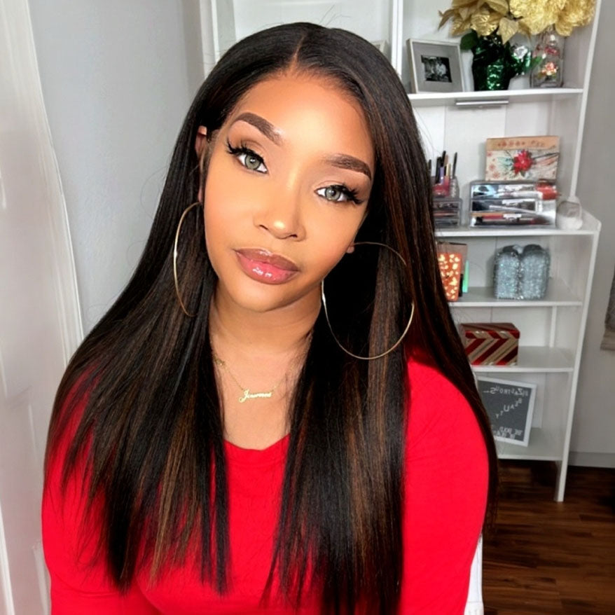 Kinky Straight Chestnut Brown Highlights Glueless Lace Front Wig