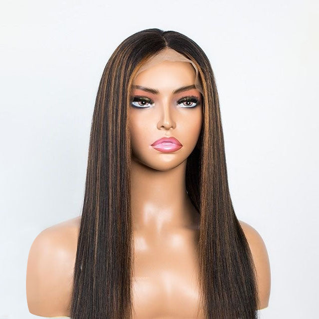 Kinky Straight Chestnut Brown Highlights Glueless Lace Front Wig