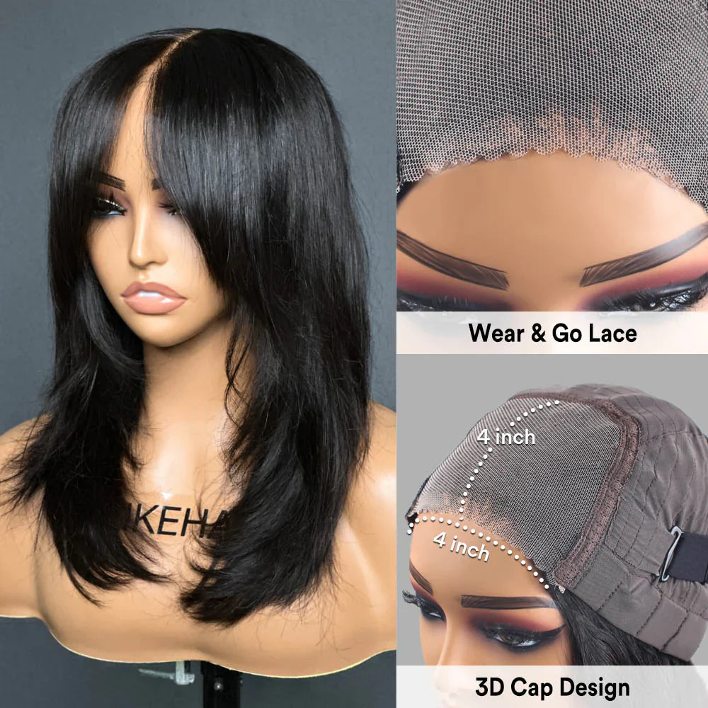 Put on & Go Long Natural Wavy Curtain Bangs Human Hair Lace Wig