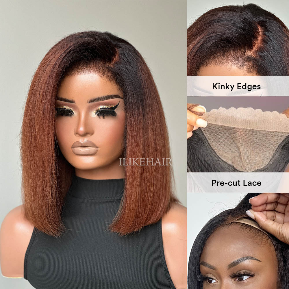 Put on & Go Ombre Brown Kinky Straight Bob HD Lace With Kinky Edges Wig