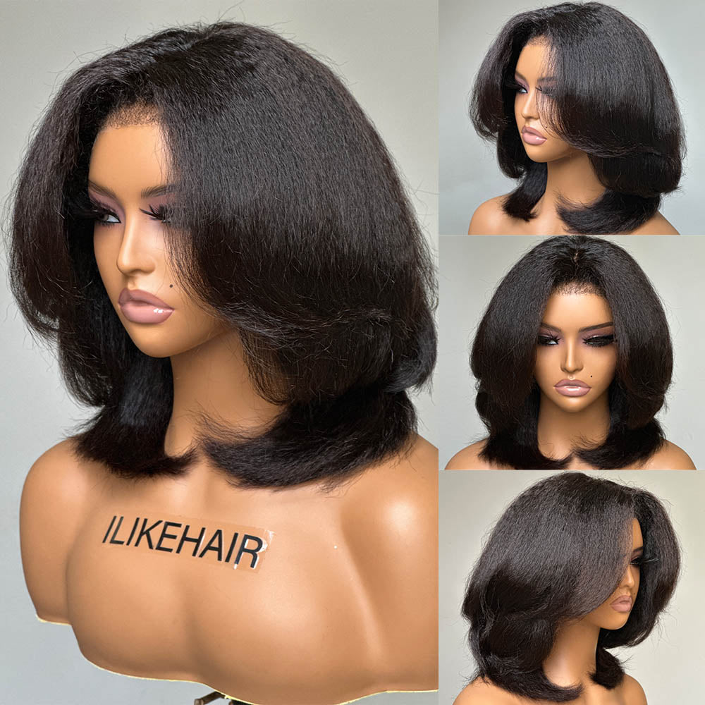 Layered Cut Kinky Straight Bob HD Lace With Kinky Edges Wig