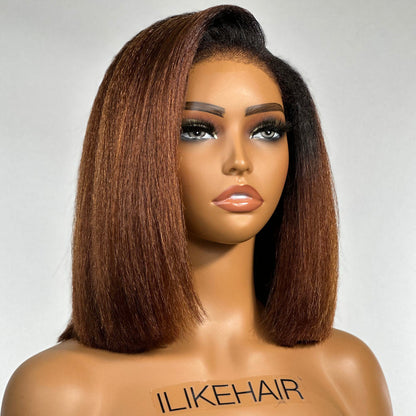Put on & Go Ombre Brown Kinky Straight Bob HD Lace With Kinky Edges Wig