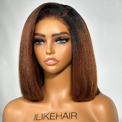 Put on & Go Ombre Brown Kinky Straight Bob HD Lace With Kinky Edges Wig