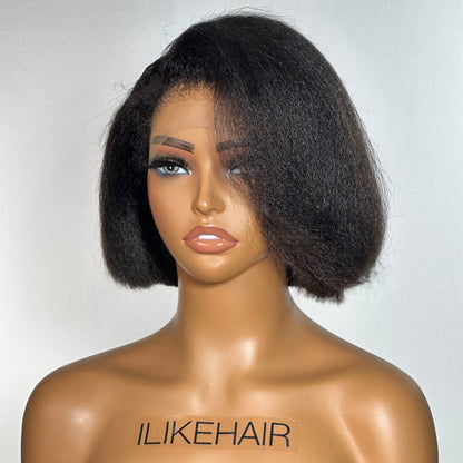 Short Kinky Straight Bob With Side Swept Bangs 4C Kinky Edges HD Lace Frontal Wig