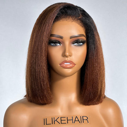 Put on & Go Ombre Brown Kinky Straight Bob HD Lace With Kinky Edges Wig