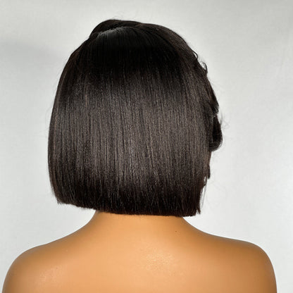 Put On and Go Realistic Glueless Yaki Straight Bob with Bangs Minimalist Lace Wig 100% Human Hair