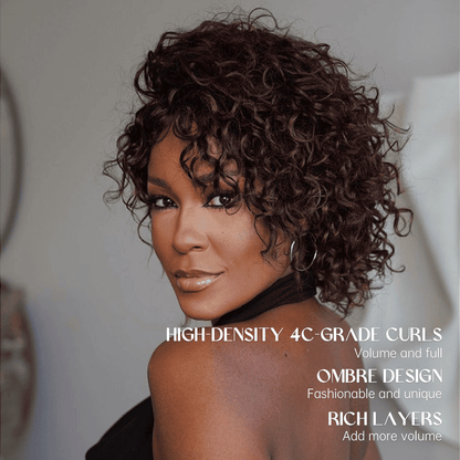 Put on & Go Ombre Reddish Brown  Curly Bob Wig With Bangs