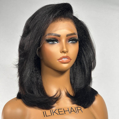 Layered Cut Kinky Straight Bob HD Lace With Kinky Edges Wig