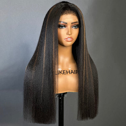 Natural Black Mix Brown Highlights Straight 13x4 HD Lace Front With Kinky Edges Wig