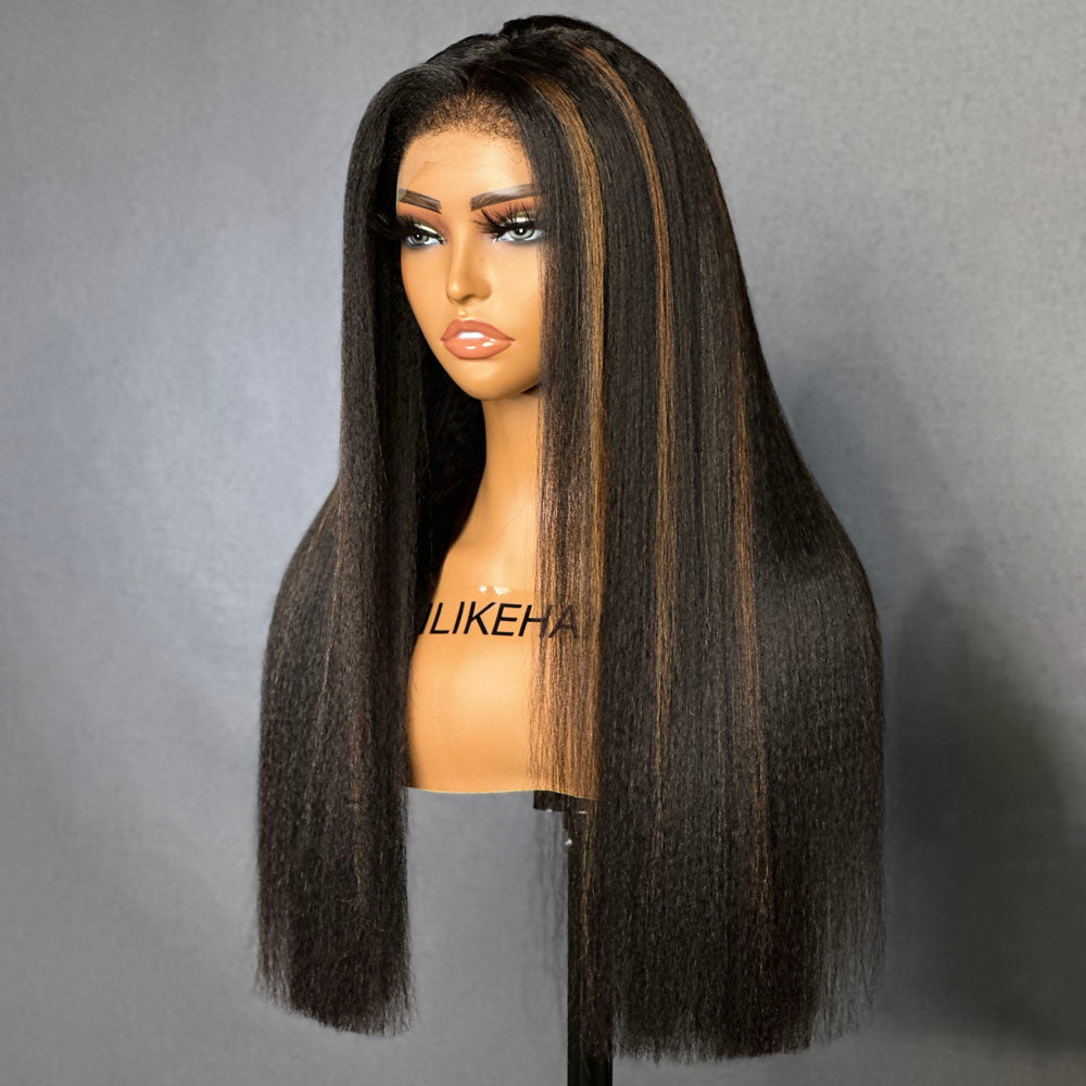 Natural Black Mix Brown Highlights Straight 13x4 HD Lace Front With Kinky Edges Wig