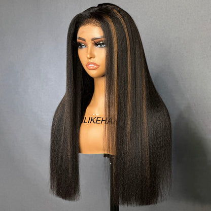 Natural Black Mix Brown Highlights Straight 13x4 HD Lace Front With Kinky Edges Wig