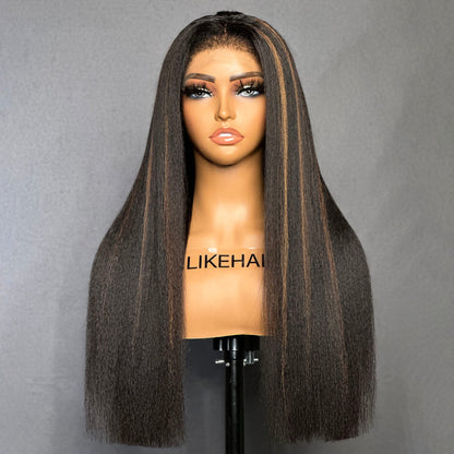 Natural Black Mix Brown Highlights Straight 13x4 HD Lace Front With Kinky Edges Wig