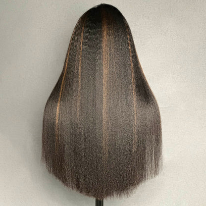 Natural Black Mix Brown Highlights Straight 13x4 HD Lace Front With Kinky Edges Wig