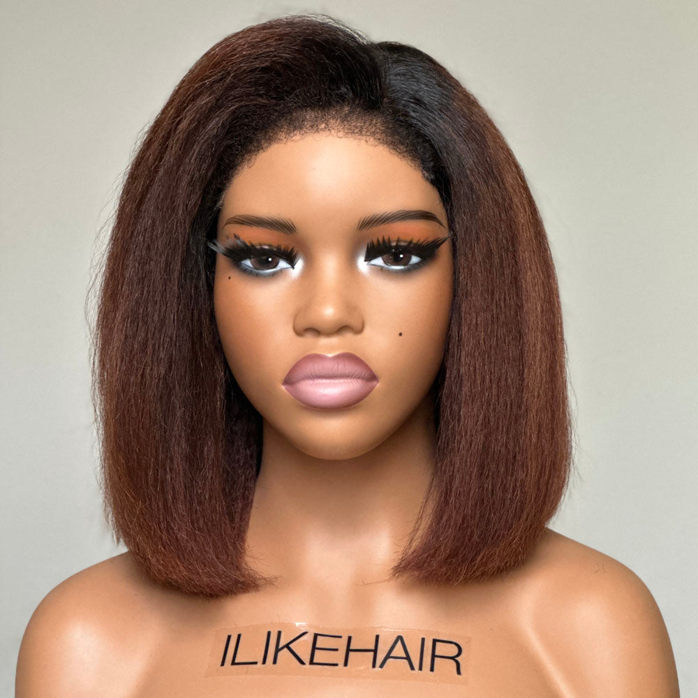 Put on & Go Ombre Brown Kinky Straight Bob HD Lace With Kinky Edges Wig