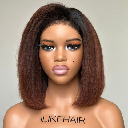 Put on & Go Ombre Brown Kinky Straight Bob HD Lace With Kinky Edges Wig