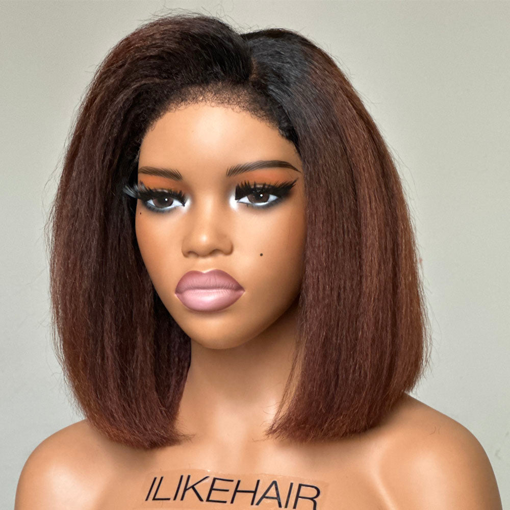 Put on & Go Ombre Brown Kinky Straight Bob HD Lace With Kinky Edges Wig