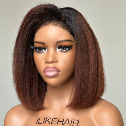 Put on & Go Ombre Brown Kinky Straight Bob HD Lace With Kinky Edges Wig